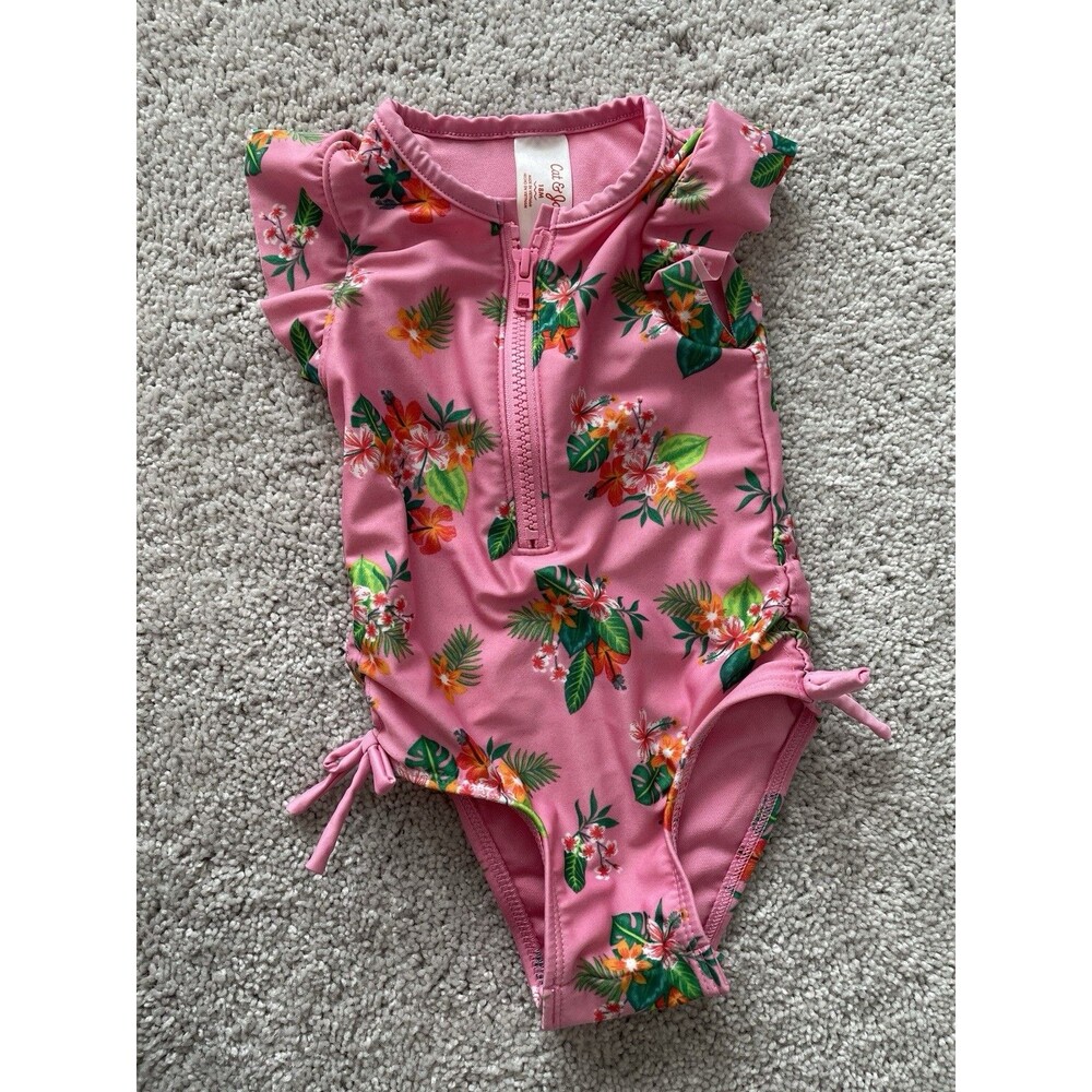 Cat & Jack Tropical One-Piece Swimsuit Size 18M Ruffle Sleeves Front Zipper